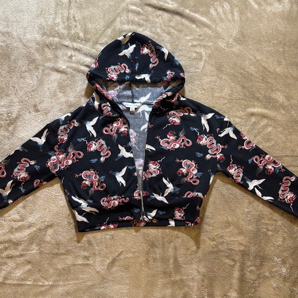 Black Hooded Zip Jacket with Dragon & Bird Print